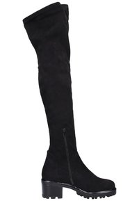 Bottes noires montantes au-dessus du genou en daim doux, avec une fermeture éclair latérale, un talon bloc épais et une semelle crantée pour l'adhérence.