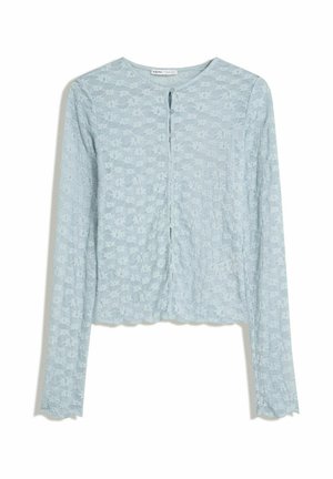 Light blue long-sleeve cardigan made of textured fabric with a floral pattern, featuring a round neckline and button closure down the front.