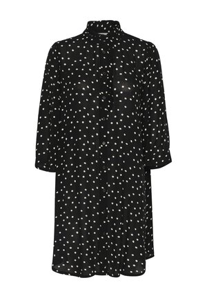 Black button-up dress with white polka dots, high collar, and three-quarter sleeves. Features a ruffle down the front and smooth texture.