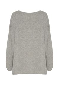 Grå stickad oversized topp med vid ringning och långa, lösa ärmar. Mjuk textur med minimalistisk design och inga synliga mönster eller utsmyckningar.