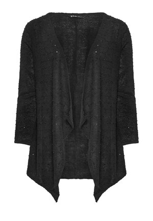 Czarny dzianinowy kardigan z otwartym przodem, długimi rękawami i asymetrycznym, opadającym dołem, z delikatnym wzorem tekstur oraz małymi cekinami.