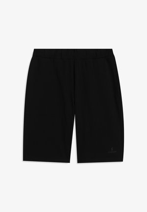 Pantalones cortos deportivos negros hechos de tela suave, con una cintura elástica y bolsillos laterales, y un pequeño logo en la parte inferior de la pierna izquierda.