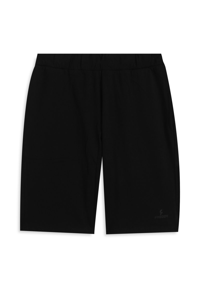 Pantalones cortos deportivos negros hechos de tela suave, con una cintura elástica y bolsillos laterales, y un pequeño logo en la parte inferior de la pierna izquierda.