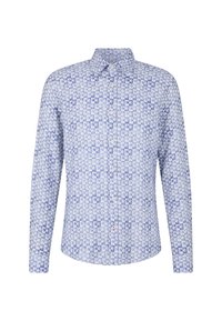 Camicia a maniche lunghe in cotone azzurro chiaro con un motivo astratto ripetuto. Presenta un collare button-down e bottoni a contrasto.