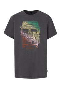 Dunkelgraues T-Shirt mit einer bunten Linienzeichnung eines Busses. Kurze Ärmel, runder Halsausschnitt, aus weichem Stoff gefertigt, mit einem Etikett am Saum.