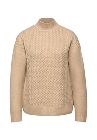 Beżowy sweter z wysokim kołnierzem, fakturowanym splotem i ściągaczami. Wykonany z miękkiej przędzy, aby zapewnić przytulne uczucie i ciepły wygląd.
