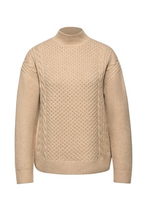 Beige neule, jossa on korkea kaula, teksturoitu palmikkoneule ja ribbaetut hihansuut. Valmistettu pehmeästä langasta, joka tarjoaa mukavan tunteen ja lämpimän ilmeen.