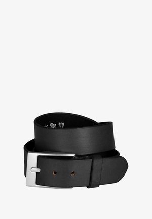 Ceinture en cuir noir avec une boucle en métal argenté, présentant une texture lisse, des extrémités arrondies et des perforations pour un ajustement de taille. Taille 110 indiquée.