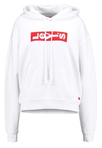 Felpa corta bianca realizzata in morbido tessuto, con un grande logo rosso di Levi's sul davanti, cappuccio con cordini e tasca a marsupio frontale.