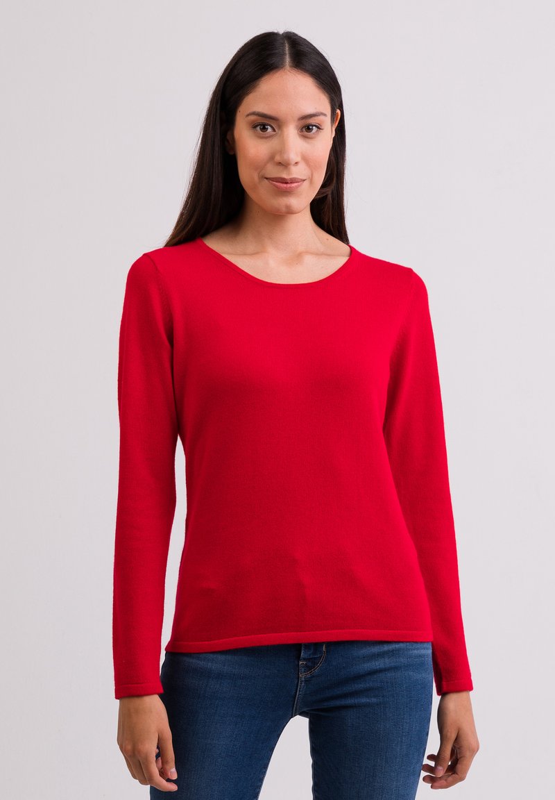 Roter Pullover mit langen Ärmeln und Rundhalsausschnitt. Hergestellt aus einem festen, dehnbaren Stoff. Verfügt über eine glatte Textur und ein körperbetontes Design.