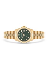Montre dorée avec un boîtier hexagonal, un cadran vert, des index horaires en argent, un guichet de date et un bracelet en métal à maillons. Présente une lunette texturée.