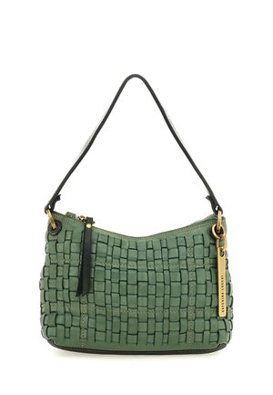 Green woven leather handbag with short black strap, gold zipper, and gold tag engraved with brand name Caterina Lucchi.