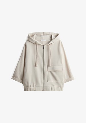 Beige hooded zip-up sweatshirt met een grote voorzak, een losse pasvorm, elastische tailleband en een soepele katoenmix textuur.