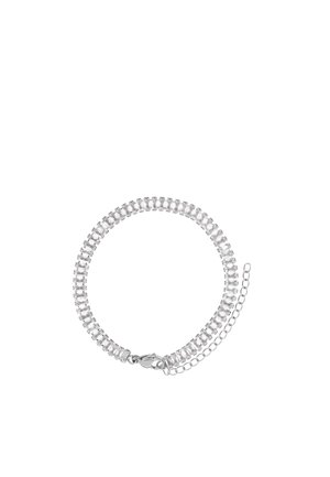 Silver bracelet with rectangular clear stones set in a continuous line and a lobster clasp with an adjustable chain on a white background.