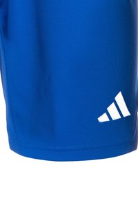 Blaue Sportshorts aus glattem Stoff, mit einem weißen Drei-Streifen-Logo in der unteren rechten Ecke und seitlichen Nähdetails.