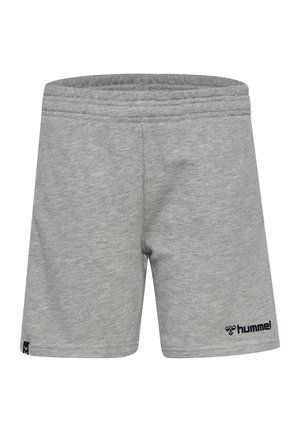 Grau sportliche Shorts aus weichem, strukturiertem Stoff. Mit einem elastischen Bund und einem schwarzen Logo auf der unteren rechten Seite.