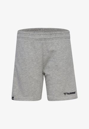Grau sportliche Shorts aus weichem, strukturiertem Stoff. Mit einem elastischen Bund und einem schwarzen Logo auf der unteren rechten Seite.