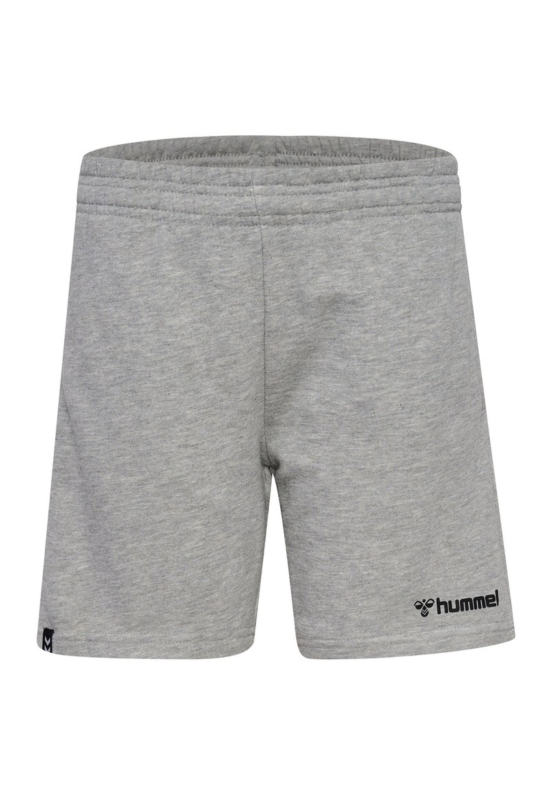 Grau sportliche Shorts aus weichem, strukturiertem Stoff. Mit einem elastischen Bund und einem schwarzen Logo auf der unteren rechten Seite.