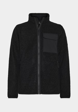 Schwarze Fleecejacke mit durchgehendem Reißverschluss und hohem Kragen. Mit einer Fronttasche und strukturiertem, weichem Stoff für Wärme.