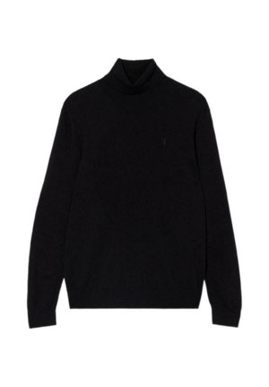 Suéter de cuello alto negro en una tela suave y tejida. Presenta mangas largas y un diseño ajustado con un pequeño logo en el frente.