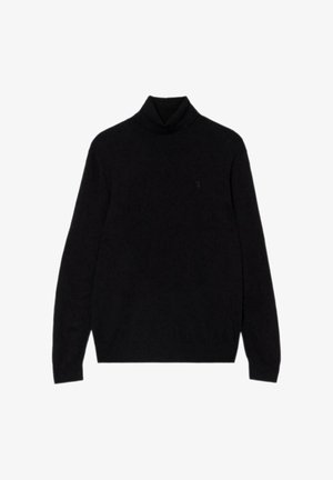 Suéter de cuello alto negro en una tela suave y tejida. Presenta mangas largas y un diseño ajustado con un pequeño logo en el frente.