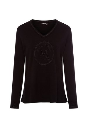 Black long-sleeve sweater with a V-neck and ribbed cuffs. Features an embossed circular logo with "MARC AUREL" and "MA" in the center.