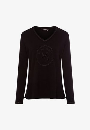 Black long-sleeve sweater with a V-neck and ribbed cuffs. Features an embossed circular logo with "MARC AUREL" and "MA" in the center.