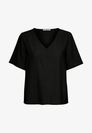 Black V-neck short-sleeve blouse made from lightweight fabric. Features a relaxed fit and minimal stitching details.