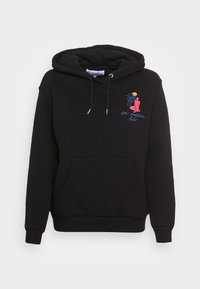 Černá mikina s kapucí vyrobená z bavlny, s přední kapsou ve stylu klokánka a barevným vyšitým designem s palmou a textem.