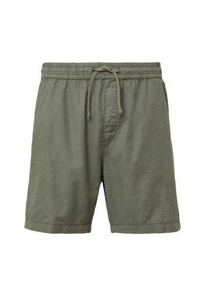 Shorts en lin vert olive pour homme, avec taille élastique et cordon de serrage, présentant une coupe décontractée et une texture lisse.