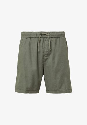 Shorts en lin vert olive pour homme, avec taille élastique et cordon de serrage, présentant une coupe décontractée et une texture lisse.
