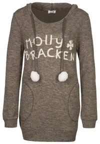 Maglione grigio dalla vestibilità ampia, con la scritta "HOLLY BRACKEN" in bianco, due tasche frontali e dettagli in pompon bianchi sui lacci.