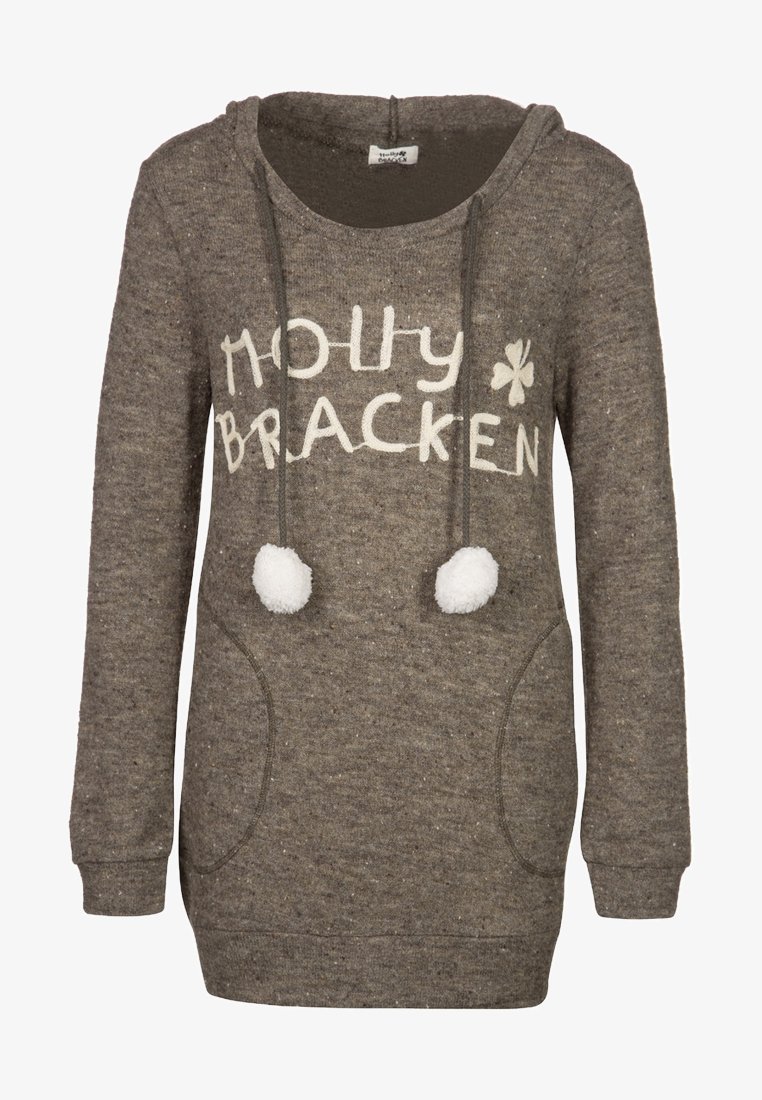 Maglione grigio dalla vestibilità ampia, con la scritta "HOLLY BRACKEN" in bianco, due tasche frontali e dettagli in pompon bianchi sui lacci.