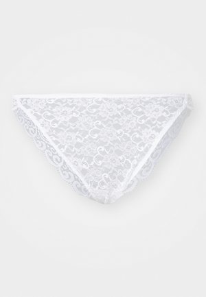 Valkoinen pitsi alusvaatteet, joissa on kukkakuosi, aallotetut reunat ja sileä vyötärö. Kevyt ja läpikuultava materiaali.