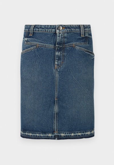 Denim skirt featuring a classic blue wash, five-pocket design, and frayed hem. Fastens with a front button and zip closure.