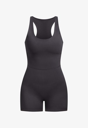 Zwart atletisch jumpsuit met een racerback ontwerp. Gemaakt van glad, rekbaar materiaal. Kenmerkt een aansluitende pasvorm en korte benen.