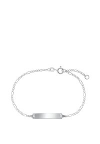 Silver chainarmband med rektangulärt tomt ID-skylt och justerbar låsning mot en vit bakgrund.