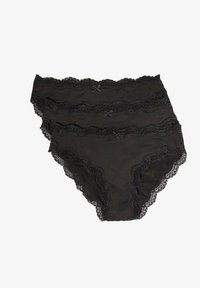 Schwarz mit Spitzenbesatz verziertes, hochgeschnittenes Höschen mit gewellten Kanten und Schleifenakzenten. Hergestellt aus einem weichen, dehnbaren Stoff mit glatter Textur.