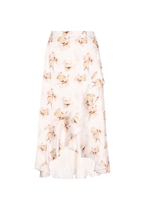 Fustă midi albă cu imprimeu floral bej și tiv asimetric cu volane.