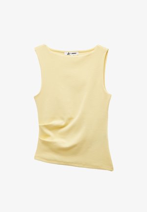 Sleeveless yellow top made of soft cotton, featuring a relaxed fit, curved neckline, and subtle draping on the front.