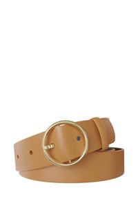 Tan faux leather belt with a matte finish, featuring a large gold circular buckle and visible holes for adjustment.