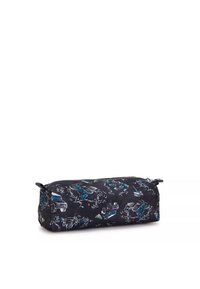 Astuccio nero con zip presenta un motivo giocoso di veicoli e animali blu, realizzato in tessuto resistente con una superficie liscia.