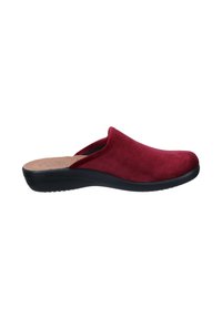 Rote Wildleder-Clogs mit schwarzer Gummisohle, featuring ein rückendesign und strukturierten Kork-Innensohle für Komfort. Glatte, geschwungene Silhouette.
