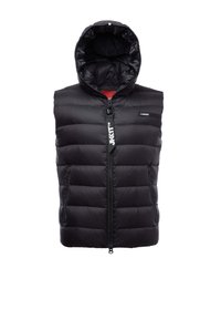 Doudoune sans manches matelassée noire avec capuche, fermeture éclair frontale, poches latérales, tirette et étiquette de poitrine avec logo.