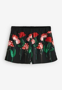 Shorts neri con un motivo floreale di rose rosse e rosa, caratterizzati da un tessuto testurizzato e una cintura elastica.