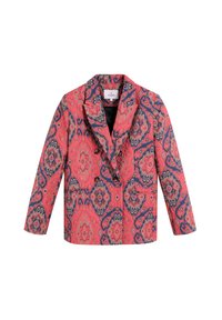 Blazer de doble botonadura en un vibrante color coral con un patrón floral en azul y crema. Presenta un cuello de muesca y dos bolsillos frontales.