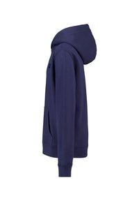 Haut à capuche bleu marine avec une grande poche avant, des poignets côtelés et une capuche à cordon de serrage. Fabriqué en tissu doux ; silhouette classique avec un accent de logo.