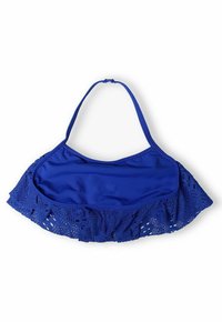 Royal blue bikini top featuring a ruffled lace trim. Made of smooth material, designed with adjustable straps and a hook closure.