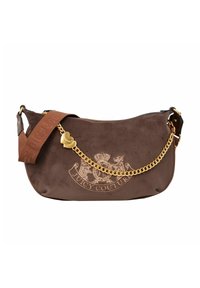 Braune Wildleder-Schultertasche mit einer goldenen Kettenriemen und einem Logoprint. Enthält einen gewebten Riemen mit "Juicy Couture"-Text.