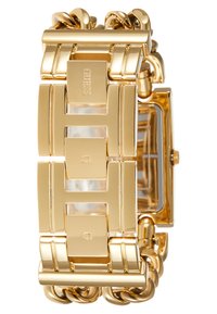 Gold-tone bracelet watch with a rectangular case, link band design, and a clear dial. Features engraved hardware and polished surface.